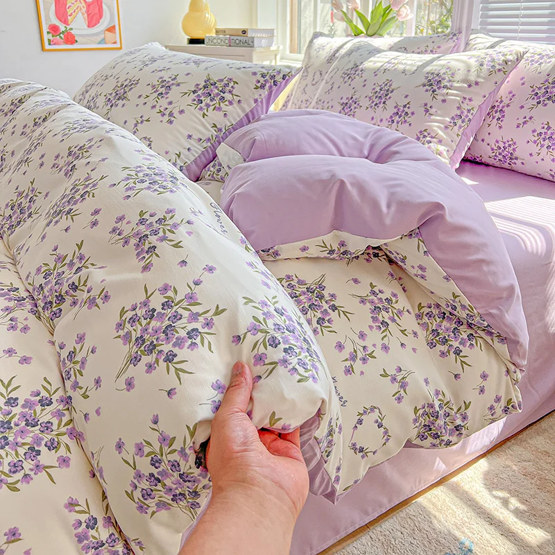 3pcs lavender printing Duvet Cover Set (1*Duvet Cover + 2*Pillowcase, Without Core),soft fabric Bedding Set