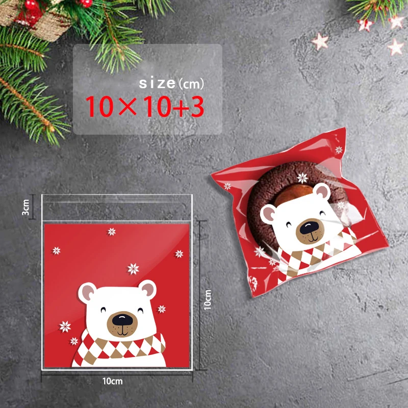 100pcs Christmas Candy Cookie Bags Self-Adhesive Gift Packaging Biscuit Snack Baking Bag Navidad New Year Party Xmas Supplies