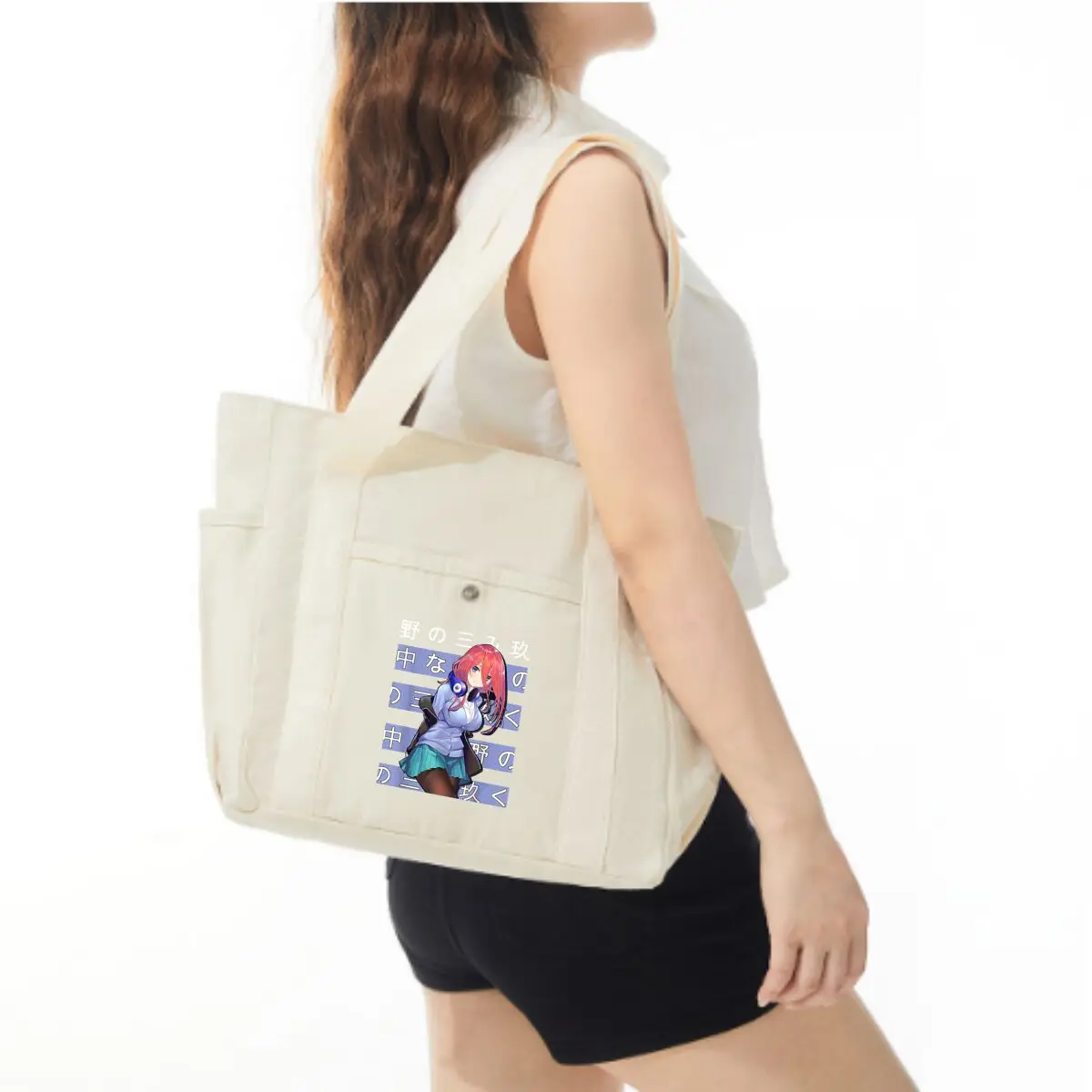 Anime Girl Manga - مستوحاة، فتاة الرسوم المتحركة اليابانية مع تصميم سماعات الرأس حقيبة كتف نسائية للعمل متعددة الجيوب بسعة كبيرة