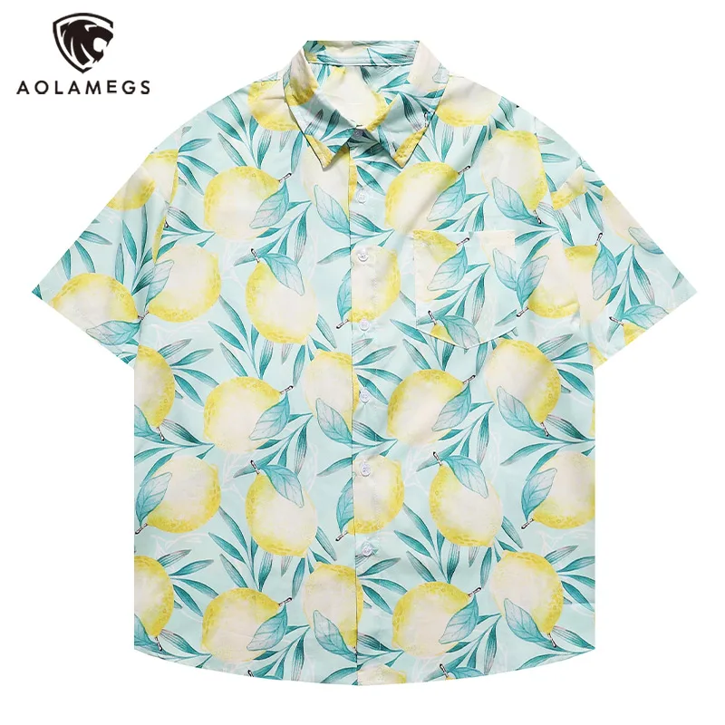 Men's Shirts Hawaiian Style Fruit Print Short Sleeve Thin Beach Casual Summer Tops Button Stylish Harajuku Blouse with Pocket