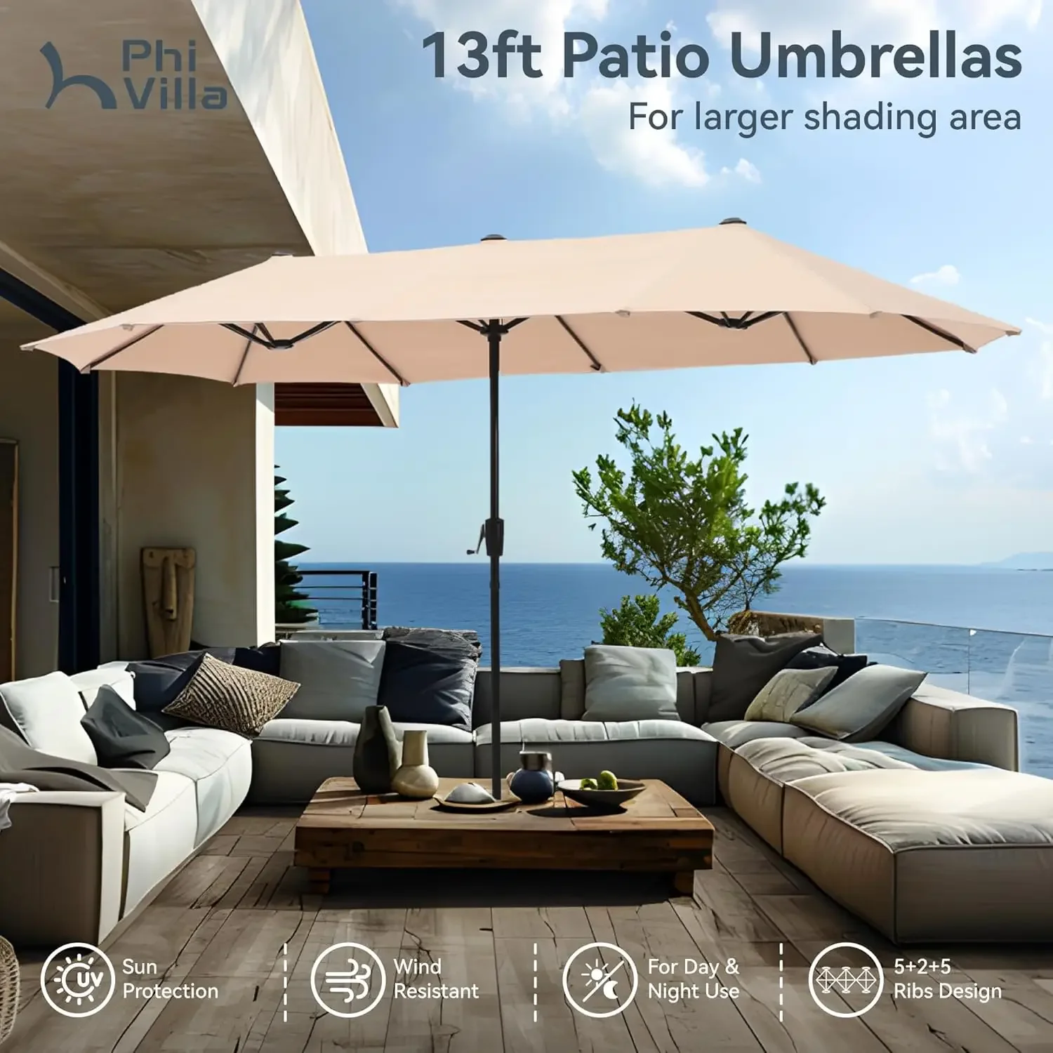 13ft Large Patio Umbrella Double-Sided Twin Outdoor Market Umbrella with Crank, Beige