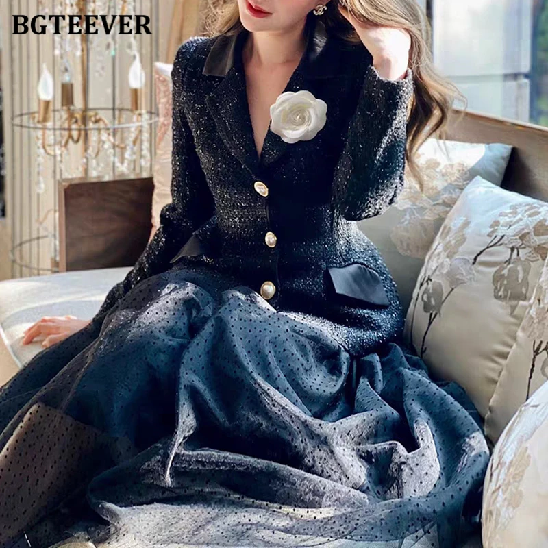 BGTEEVER Elegant Women Blazer Skirt Suits Long Sleeve Single-breasted Suit Coats Ladies A-line Mesh Skirts Ladies Outfits