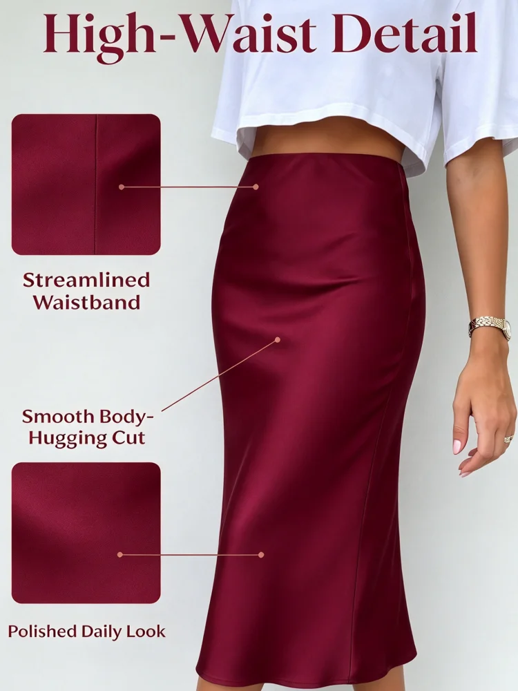 Damen Satin-Midirock, hohe Taille, schmale Passform, burgunderrot, weinrot, seidenartiger Satinrock, elegant, lässig, für Büro und Party – Detail 3
