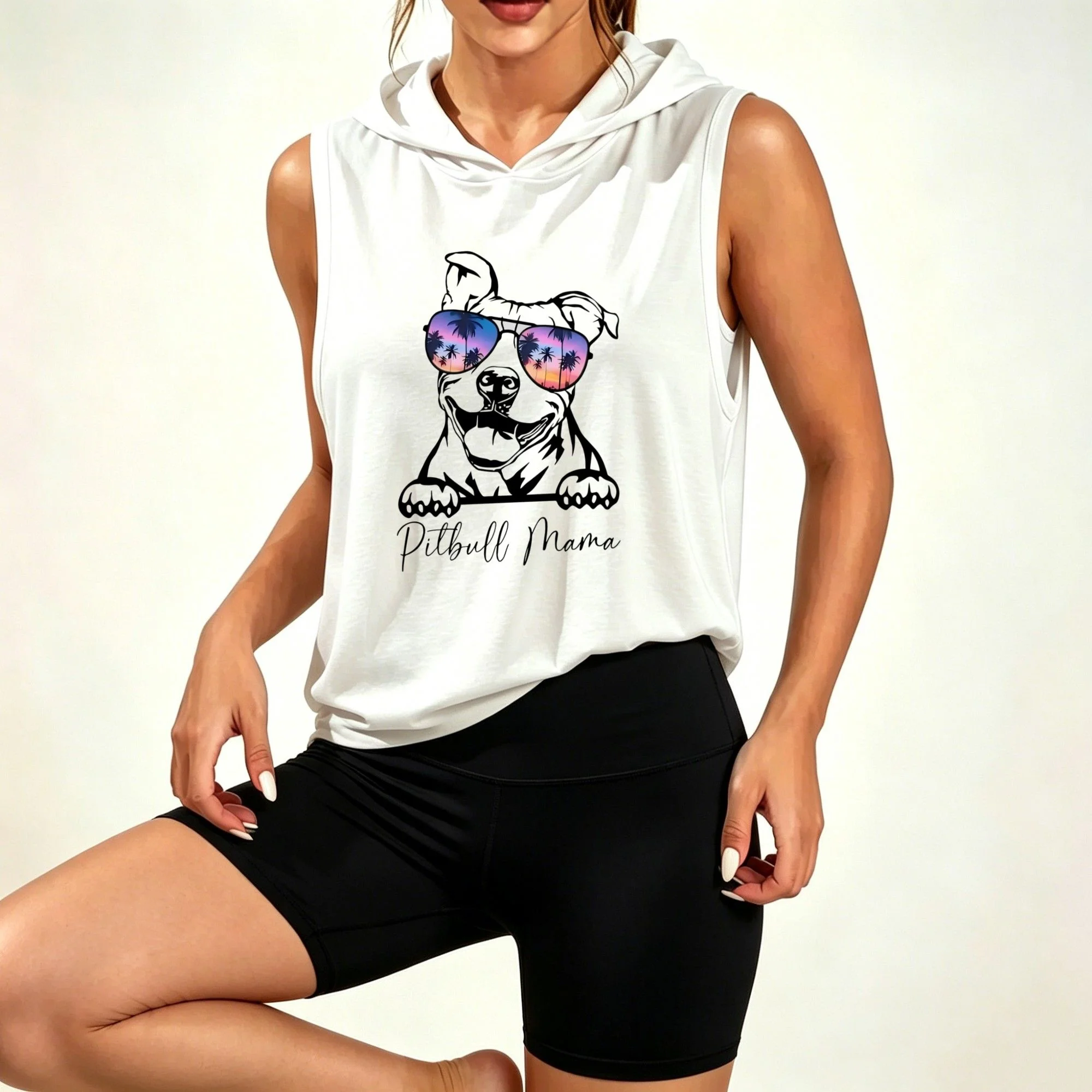 Women's Cute Pitbull Dog Sunglasses Print Sleeveless Hoodie with Biker Shorts Set, pet lover sports outfit, casual gym activewear