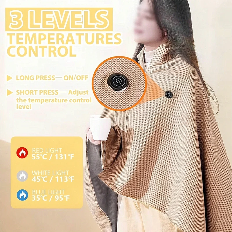 Heated Blanket USB Wearable Electric Blanket Portable Warmer Blanket for Shoulder Electric Heating Shawl with 3 Tem Setting