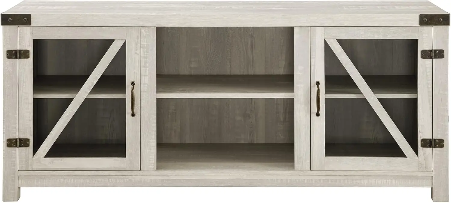 Wesley Modern Farmhouse Soporte para TV con puerta de cristal para televisores de hasta 65 pulgadas, 58 pulgadas, gris piedra, sin chimenea