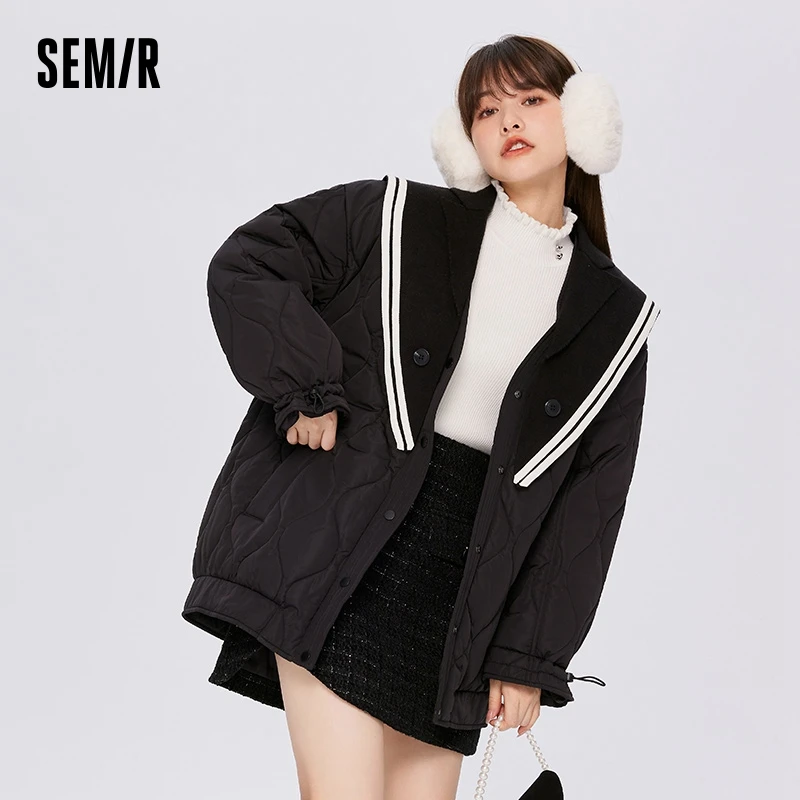 Semir Cotton Coat Women Mid-Length Navy Collar Fashion Trendy 2023 Winter New Black Loose Thick Cotton Jacket