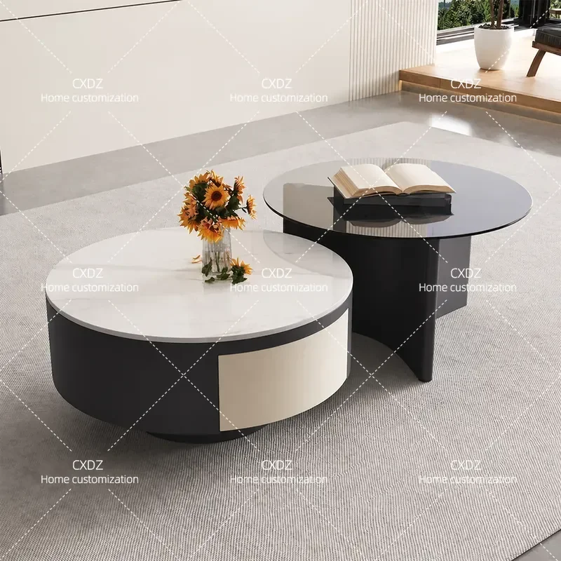 Round Rock Slab Coffee Table Set Modern Minimalist Living Room Furniture Small Apartment Home Decor Rotating TV Cabinet Light