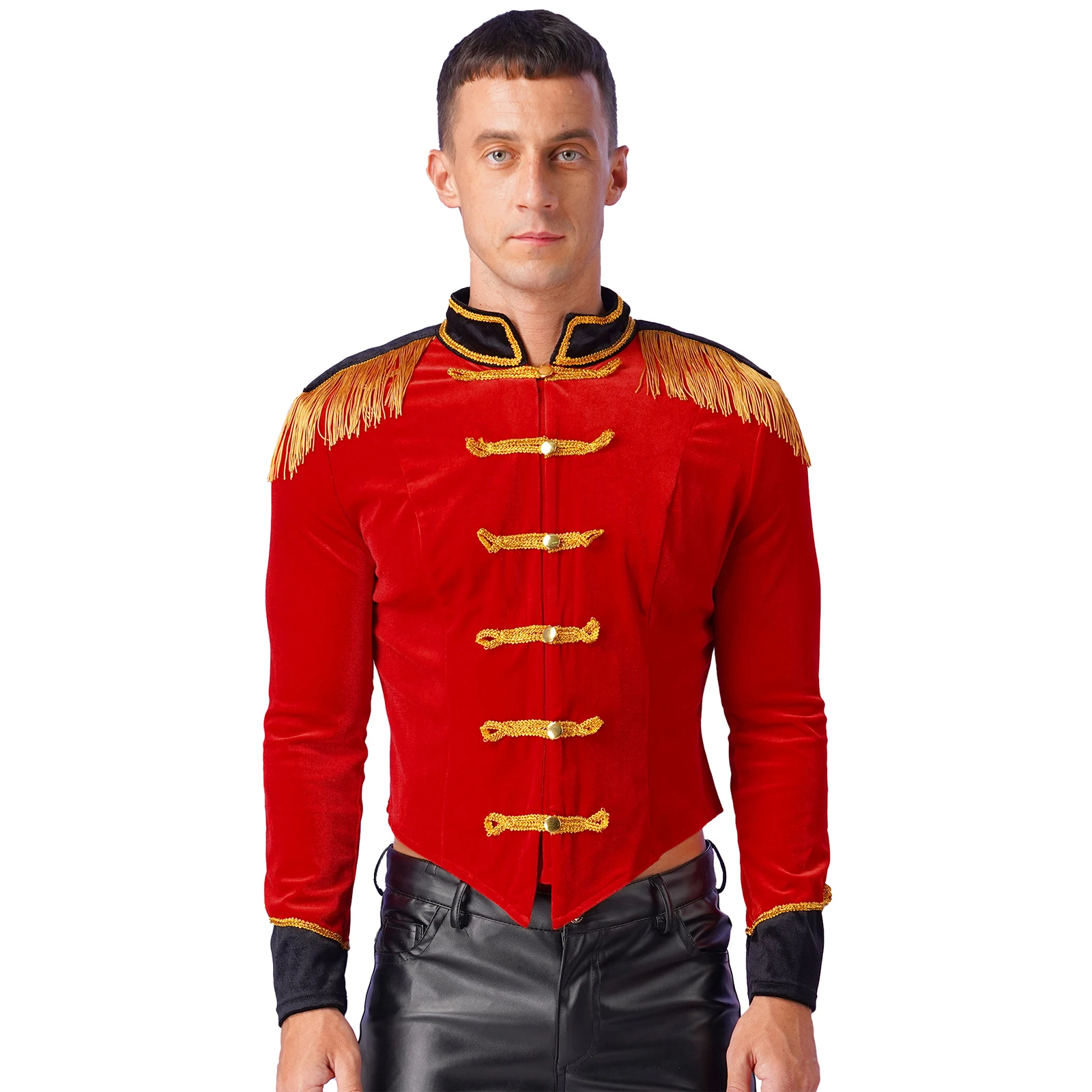 

Mens Circus Ringmaster Costume Uniform Halloween Showman Cosplay Costume Stand Collar Fringed Shoulder Board Velvet Jacket Coat