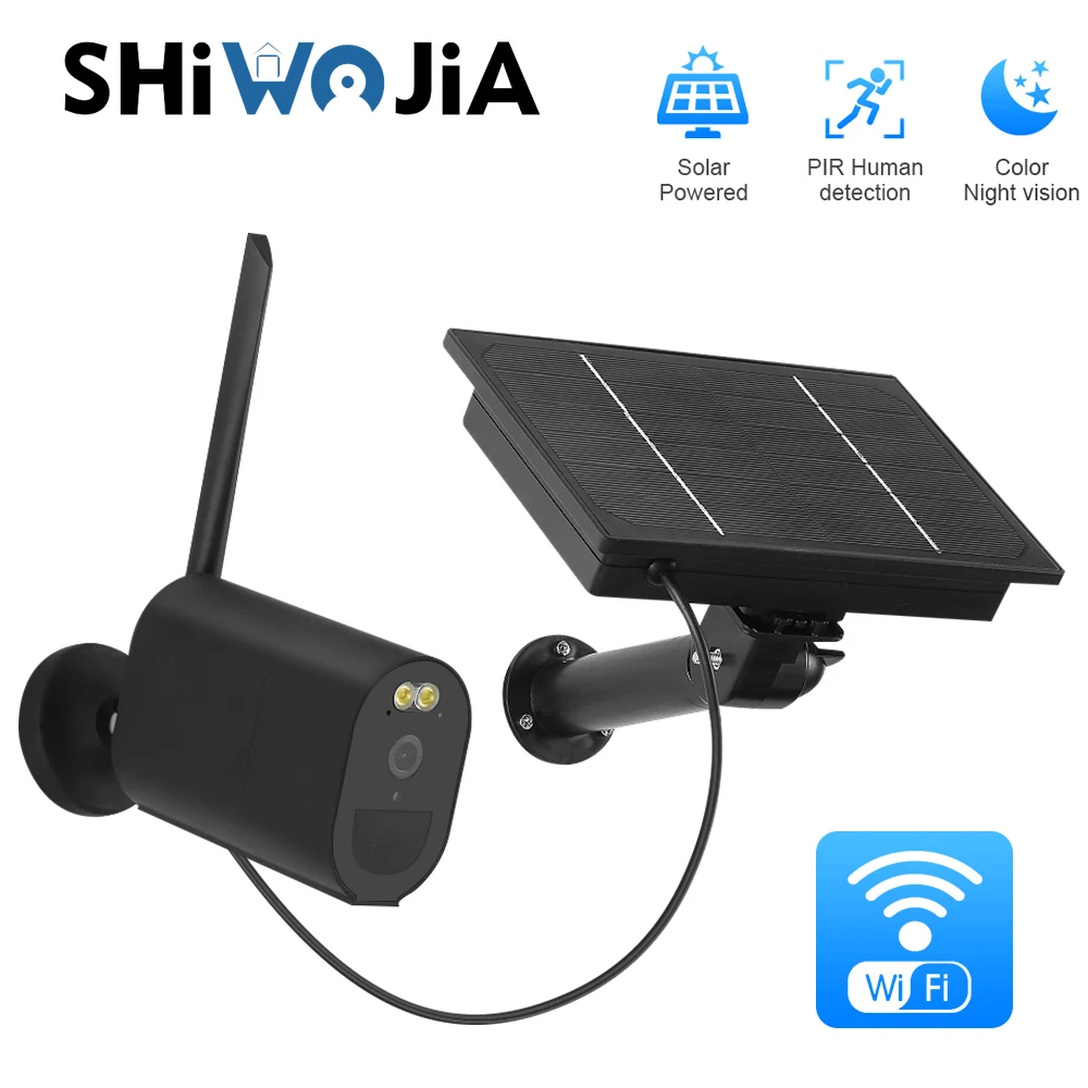 SHIWOJIA Camera Wifi with Solar Panels Outdoor Wireless Cloud Battery Video Surveillance Black Solar PIR CCTV