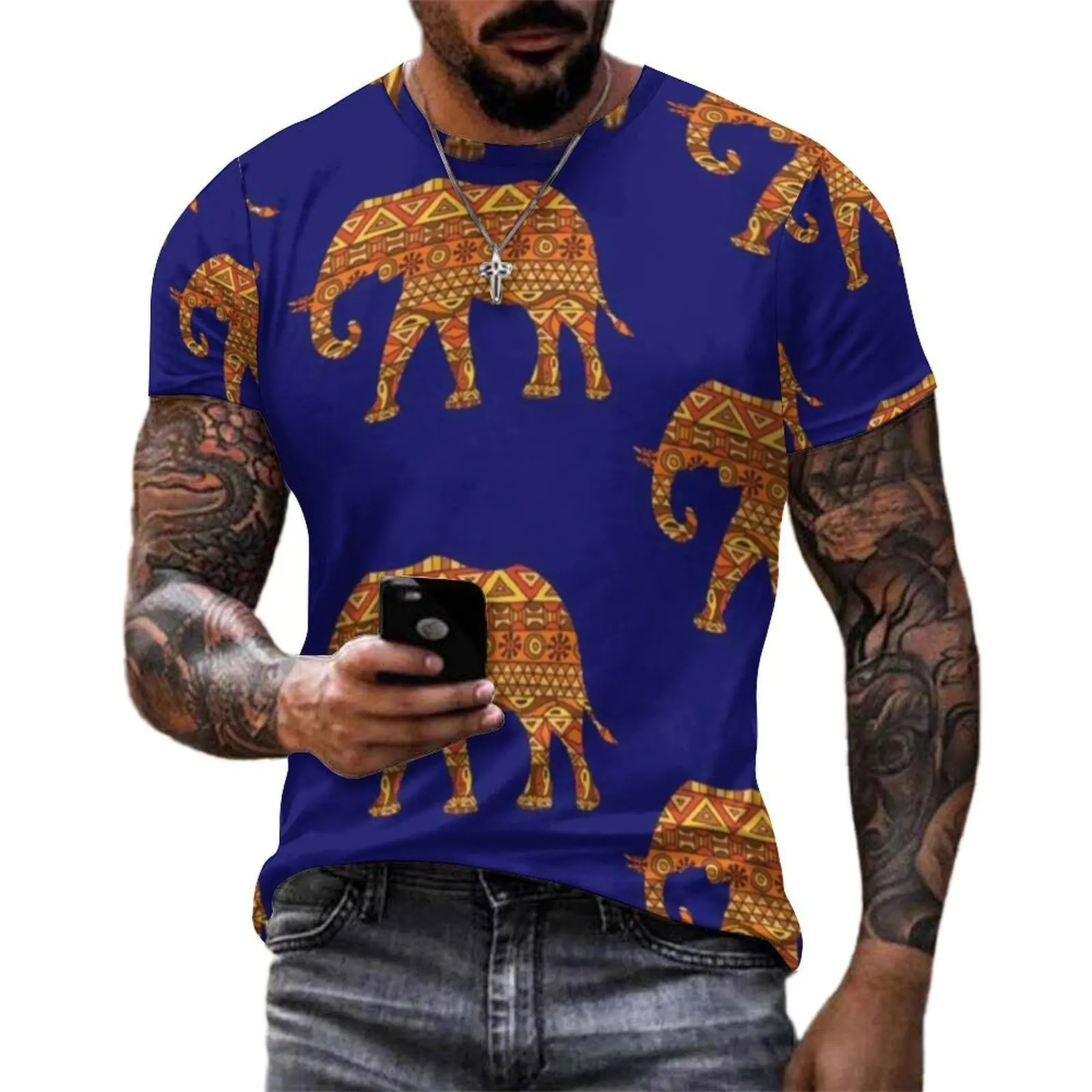 Big Size T-Shirt Summer Vintage Elephant T-Shirts African Animal Print Aesthetic O Neck Tshirt Mens Fashion Graphic Top Tees