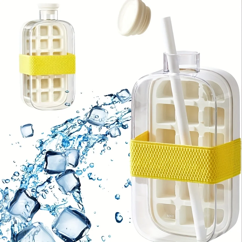 كوب زجاجة ثلج، زجاجة مياه 2 في 1 بدون ضغط على قالب مكعبات الثلج مع غطاء وصندوق، زجاجة مكعبات ثلج (أبيض، 800 مل) #2