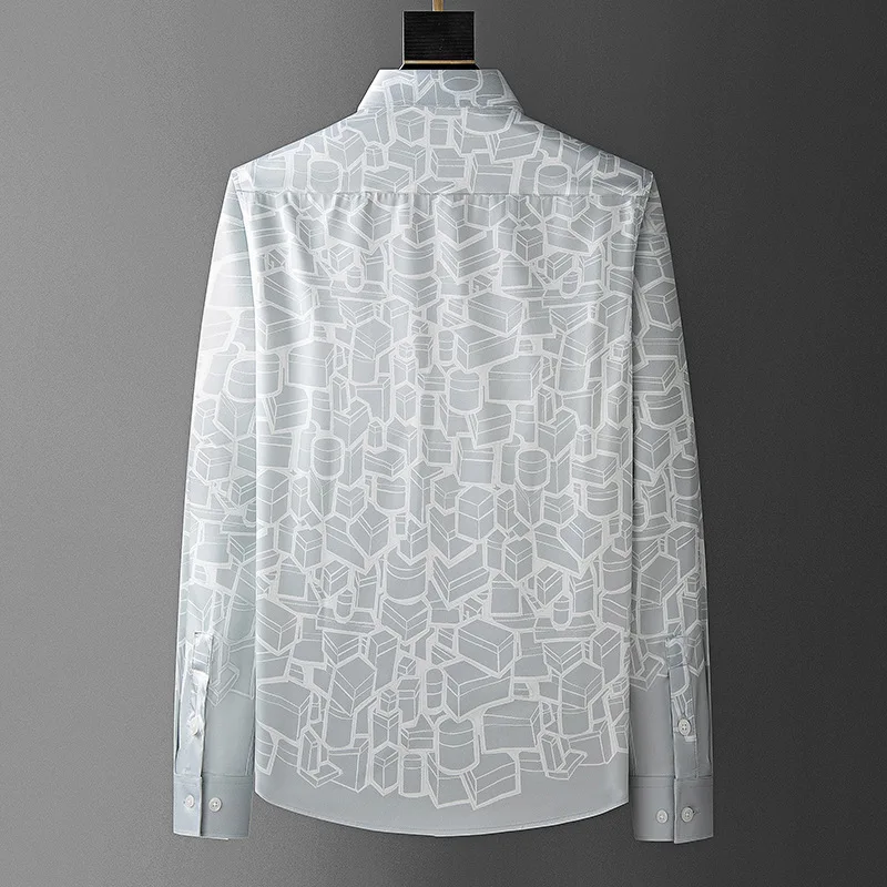 High End Silk Geometric Printed Men\'s Shirt Non Ironing Long Sleeved Casual Business Dress Shirt Social Banquet Streetwear Tops