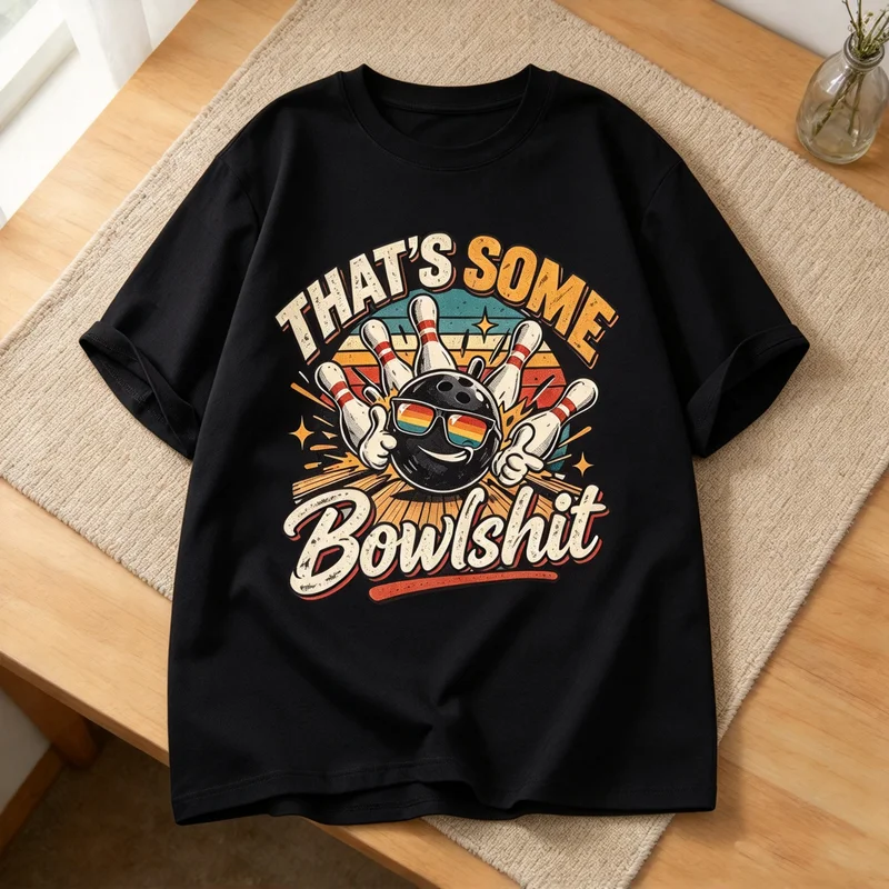 Vintage Bowling Graphic T Shirt for Men Retro Sunset Bowling Ball Print Short Sleeve Casual Cotton Tee Bowling Fan Gift Y2k Top