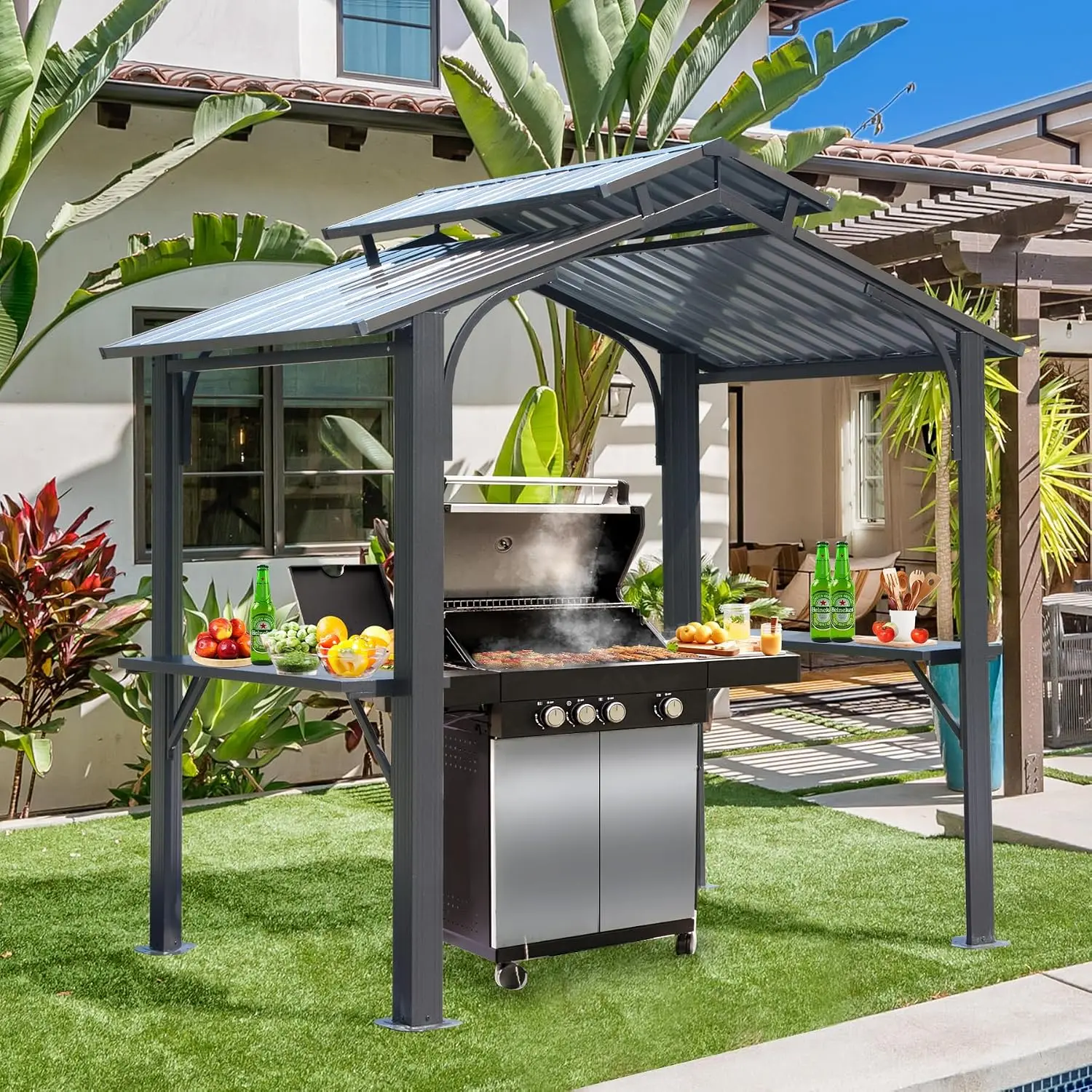 BBQ Hardtop Gazebo 8x5FT Patio Pergola All-Weather Hook Top 2 Platforms Bottle Opener Steel Double Roof Anti-Rust, Customized
