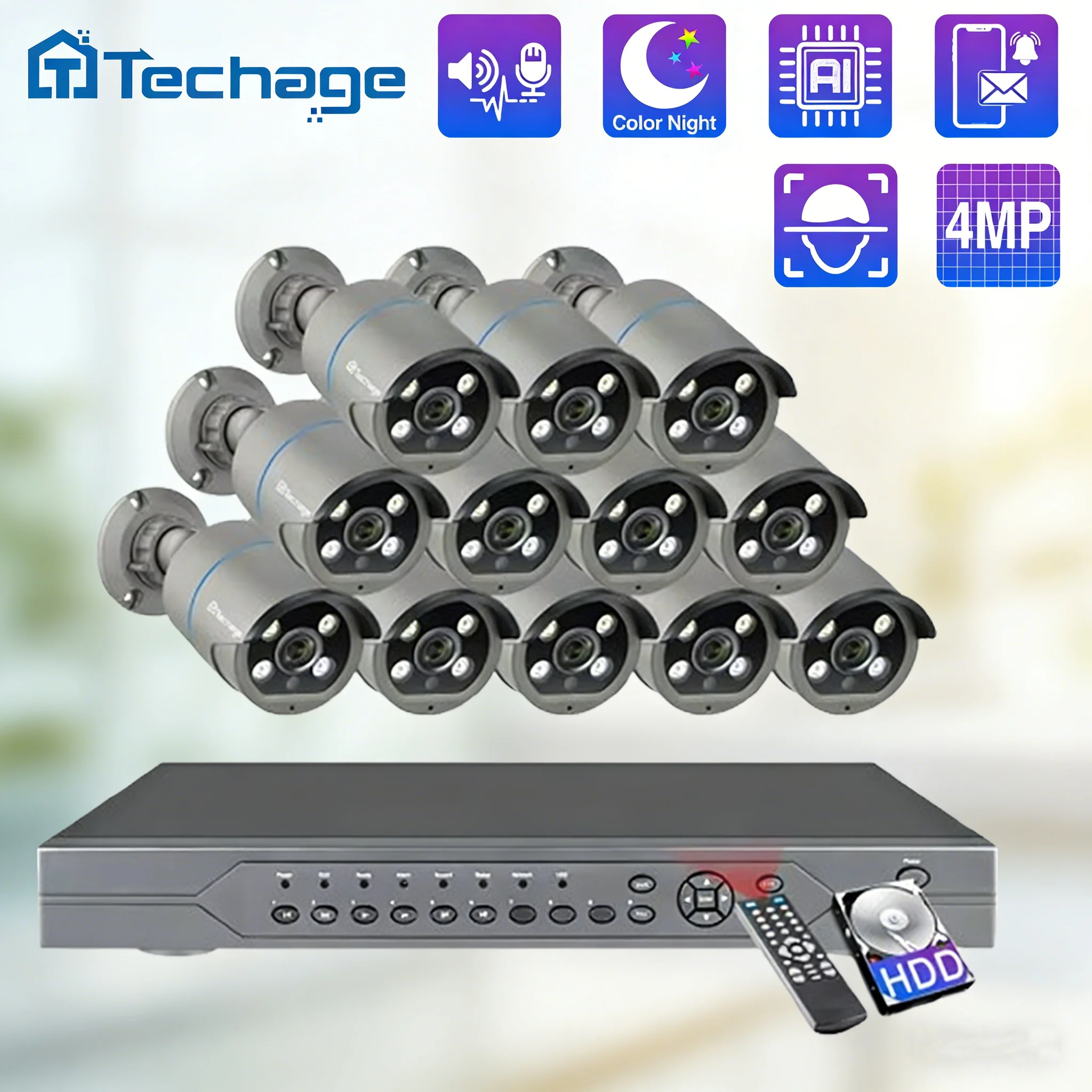 

Система видеонаблюдения Techage 16CH 4MP PoE с двусторонней аудиосвязью, цветным ночным видением, NVR-комплектом, IP-видео H.265, набор для безопасности и видеонаблюдения ONVIF