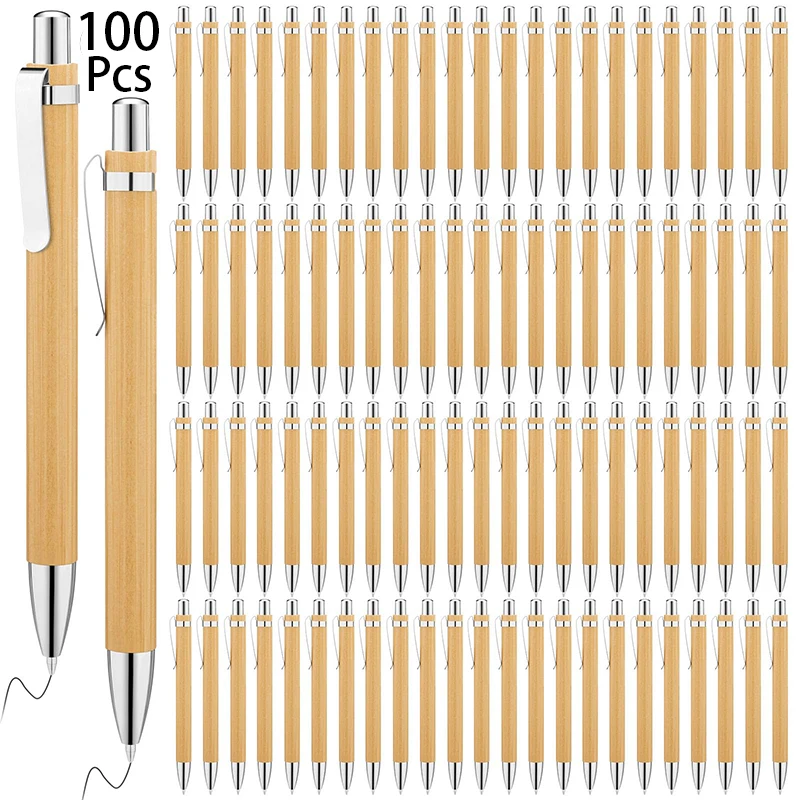 

100Pcs Environmental Protection Bamboo Pen Bamboo Wood Material Ballpoint Pen Press Pen