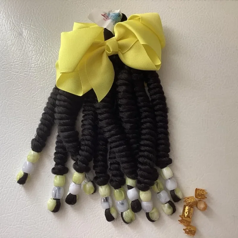 2packs Two Beaded Braid Ponytail Set. (Clip on Bow, Braid Extension w/ Beads) / Detachable Synthetic Curly Hairpieces