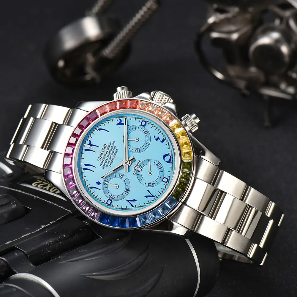 VK63 watch Rainbow Bezel Sport Watch Men Arabic Quartz Stainless Steel 10ATM Waterproof Mens Watch VK63 Sapphire Chronograph