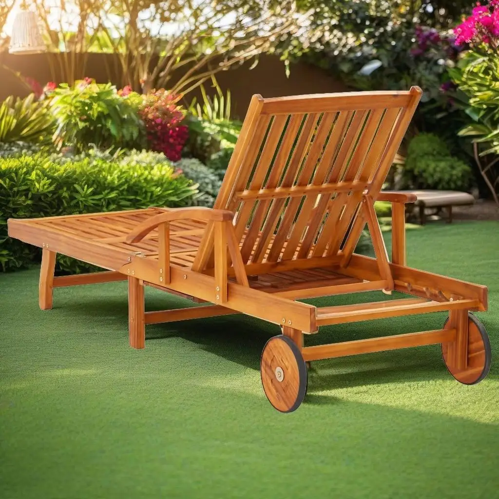 Acacia Wood Patio Sun Lounger Set with Cushion & Side Table - Stylish Outdoor Furniture