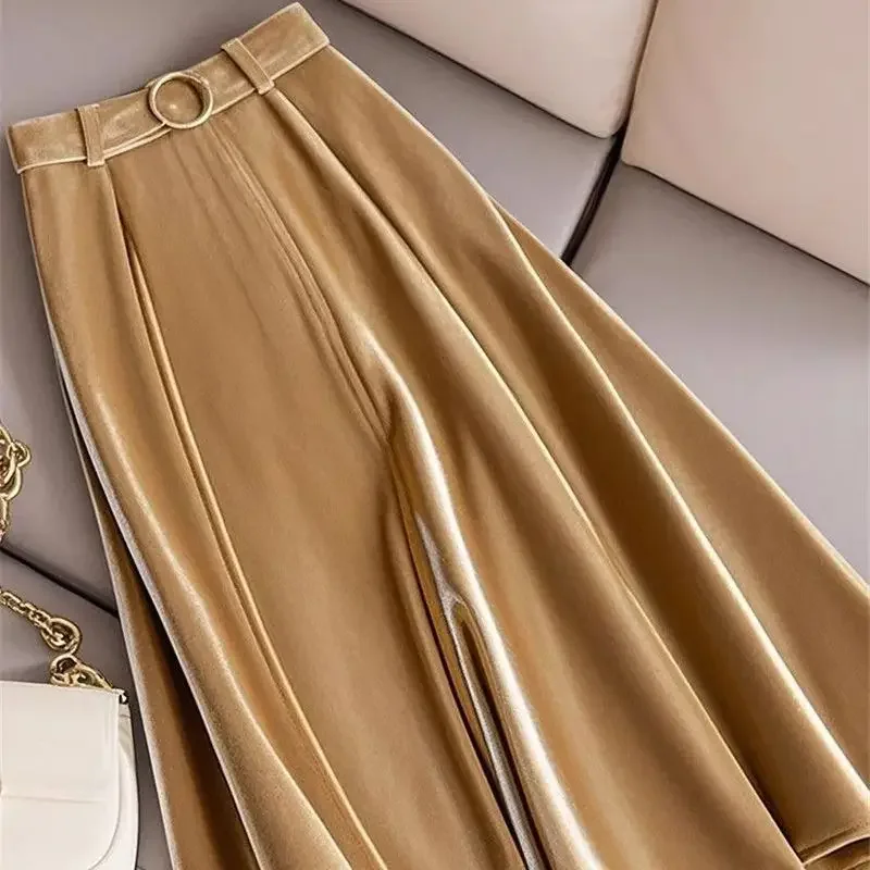 

Maillard Fashion Khaki Skirt Women High Waist Belt Midi Skirts Autumn Winter Velvet A-line Half Skirt Office Lady 651P