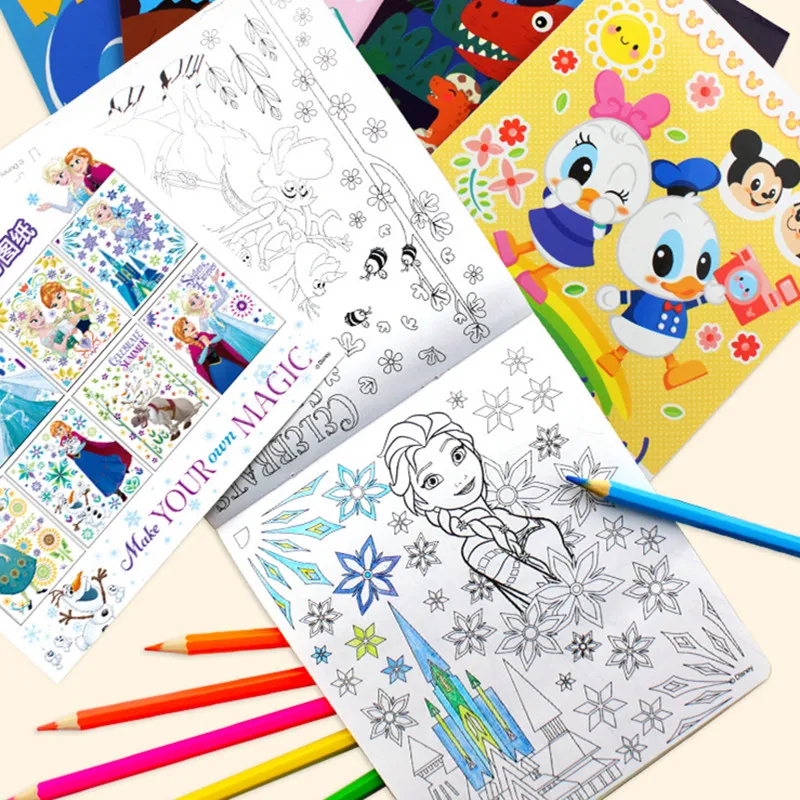 Disney Anime Frozen Elsa Painted Book Cartoon Mickey Mouse Toy Story Princess Cars Graffiti Coloring Book Puzzle Children Gifts