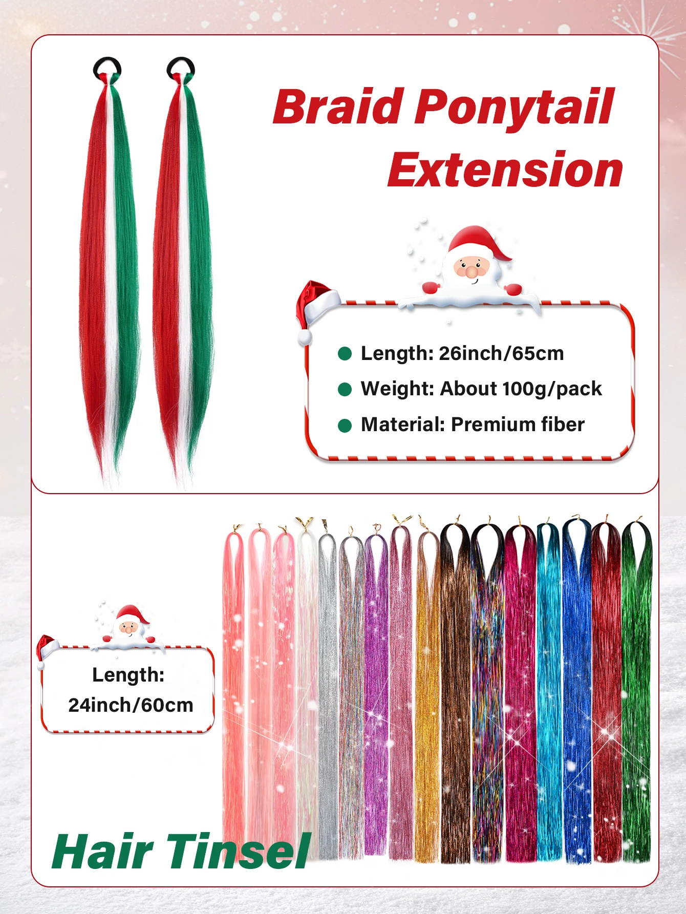 عيد الميلاد تجديل وصلات شعر أحمر أخضر خطوط الشعر الاصطناعية لصندوق الضفائر الكروشيه الضفائر عطلة حزب إكسسوارات الشعر #5