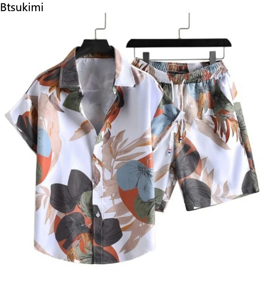 Summer Fashion Men's Hawaiian Shirt Shorts Two Piece Sets 3D Print Short Sleeve Button Cardigan Casual Beach Suits Plus Size 5XL