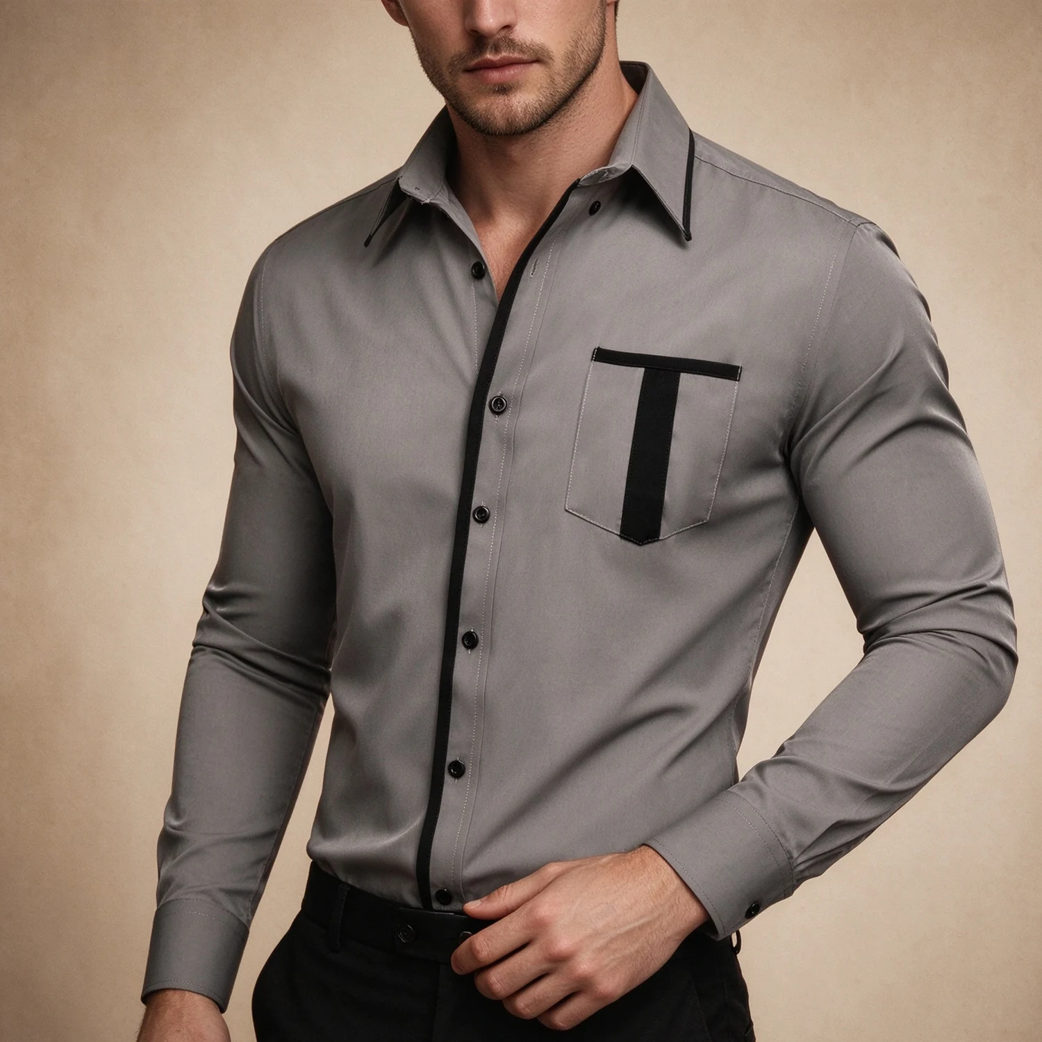 Bussiness Men's Dress Shirt, Contrast Inner Collar Cuff and Placket, Long Sleeve Button Up Shirt with V Notch Pocket for Formal