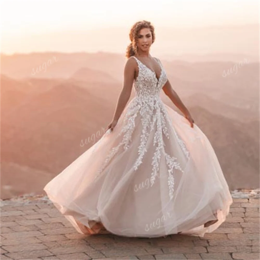 A Line Tulle Wedding Dress for Women Lace Applique Bridal Gown Sexy V Neck Sleeveless Formal Party Dresses robe de mariée