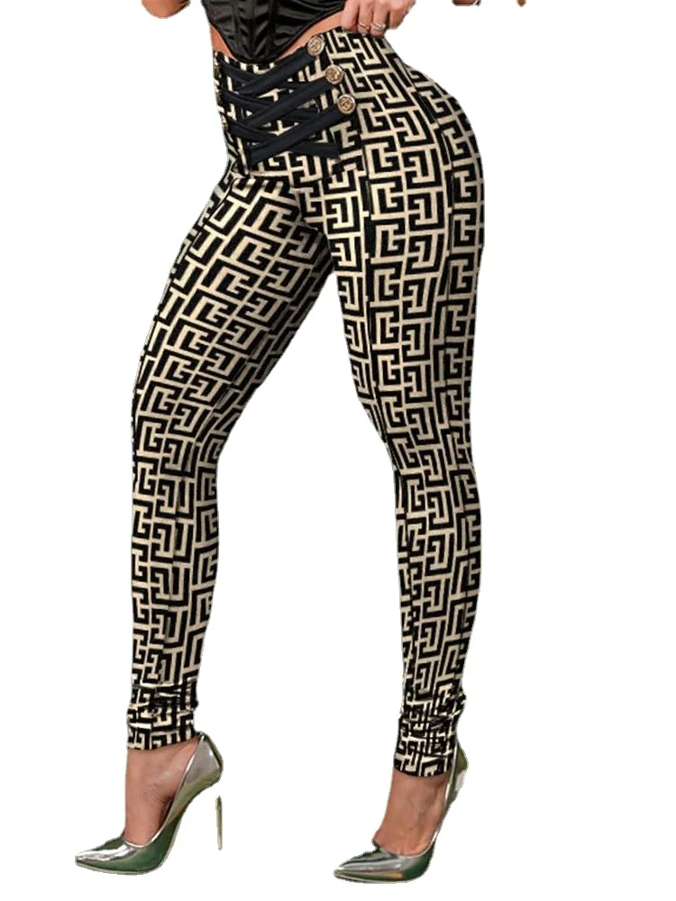 Elegant Women Bandaged Cross Pipe Pants, Geometric Printed High Waisted Tight Pants, Springs