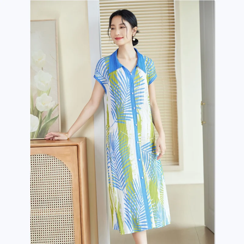 

Summer Dress Miyake Pleated For Women New Turndown Collar Fashion Printed Stretch A Line Dresses Blue Mid Calf Length