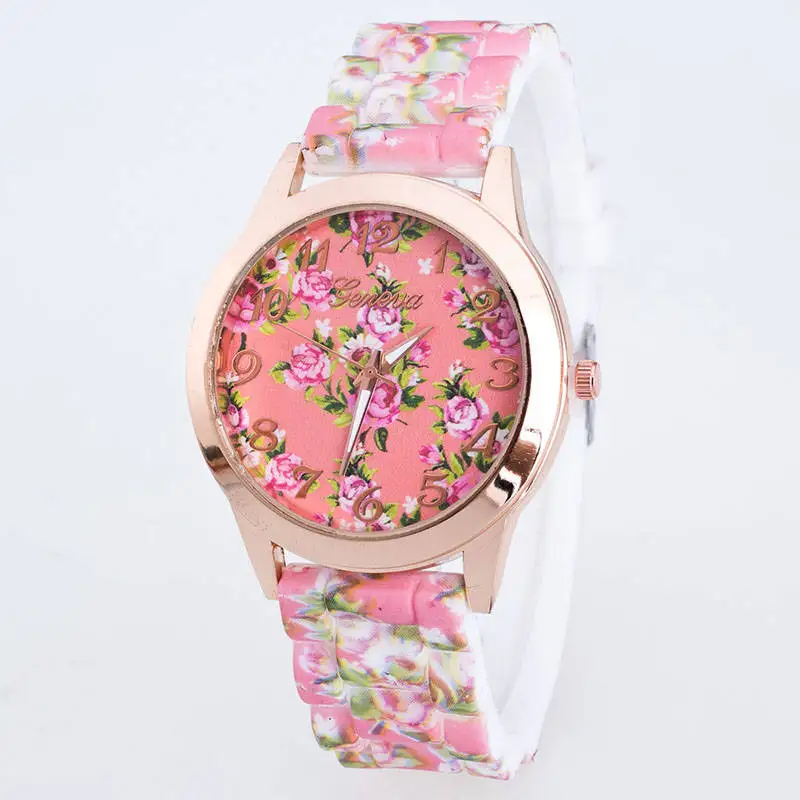 New Silicone Printed Flowers Wristwatch Women Casual Watch Quartz Analog Fashion Watches Girls