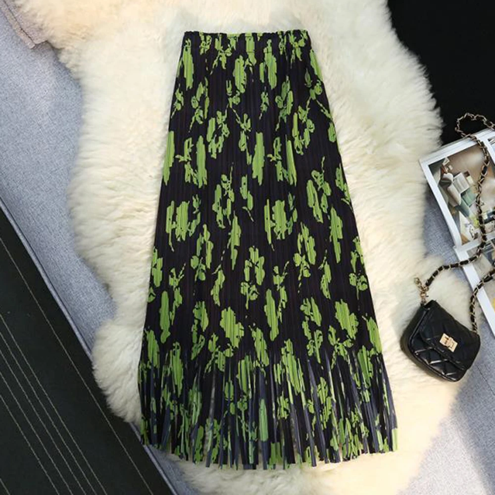 

Folded floral fringed skirt summer medium and long hip-wrapped pleated skirt crushed women's clothing