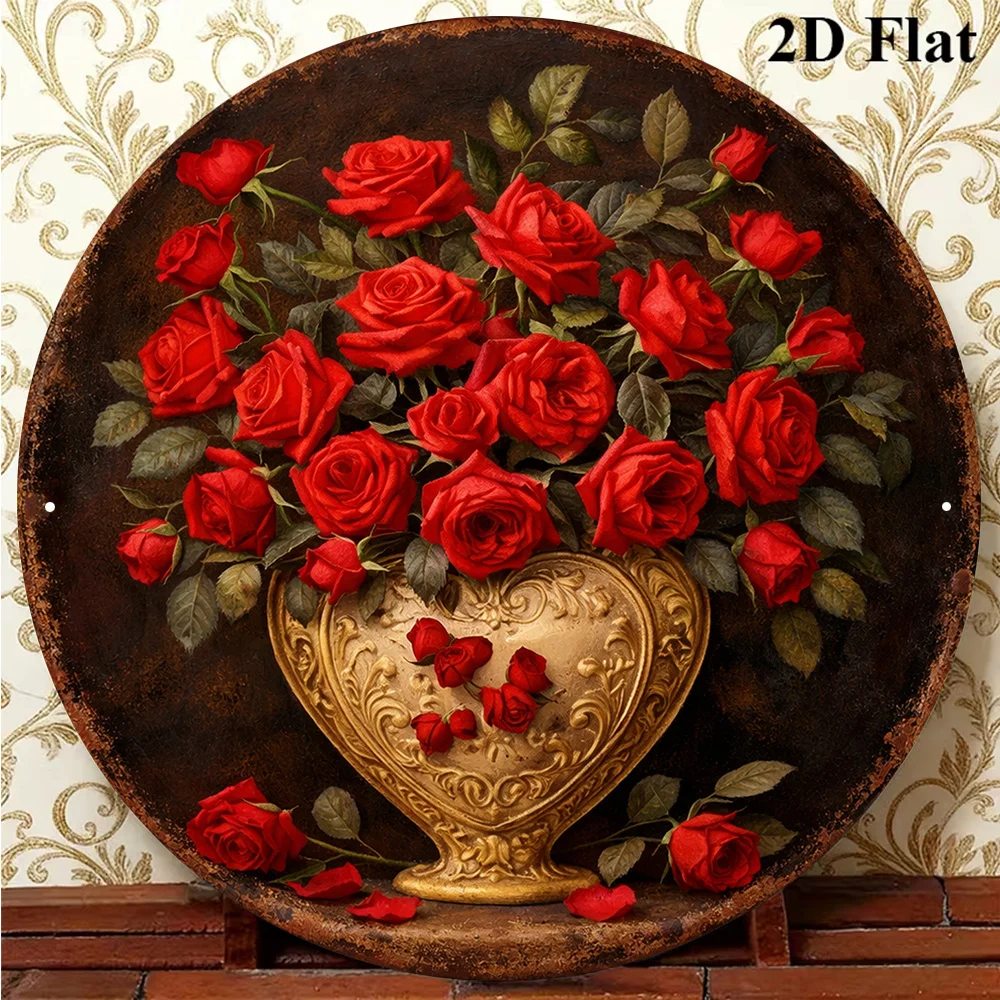 2D Flat, 1pc 8X8In/20X20Cm 2D Flat Round Sign, Vintage Plaque Featuring Flowers And Roses, Golden Heart-Shaped Vase Decorative S