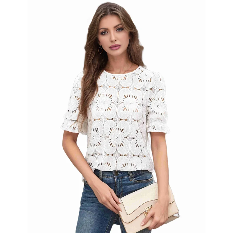 

ABRT-Women's Summer Eyelet Hollow Out Crochet Lace Embroidered Short Sleeve Puff Tops