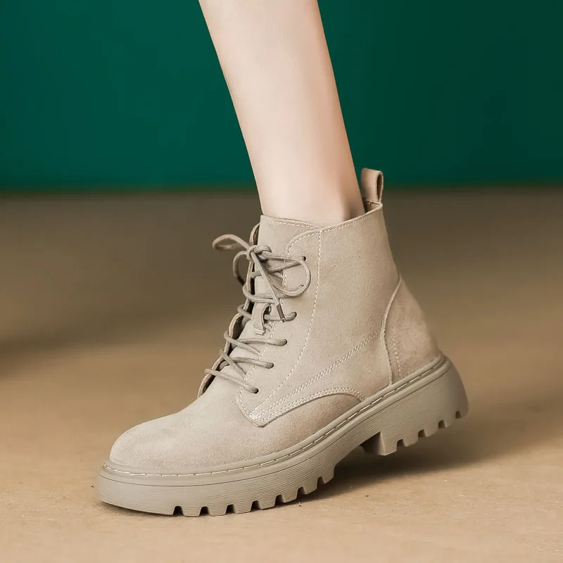 DRKANOL stivaletti da donna autunno inverno scarpe calde stile College stivali corti Casual con plateau in pelle scamosciata di mucca di alta qualità