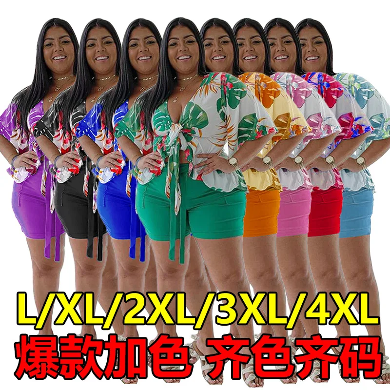 

Весенне-осенний бестселлер, европейский и американский трансграничный комплект из двух предметов большого размера, повседневная футболка и шорты с принтом