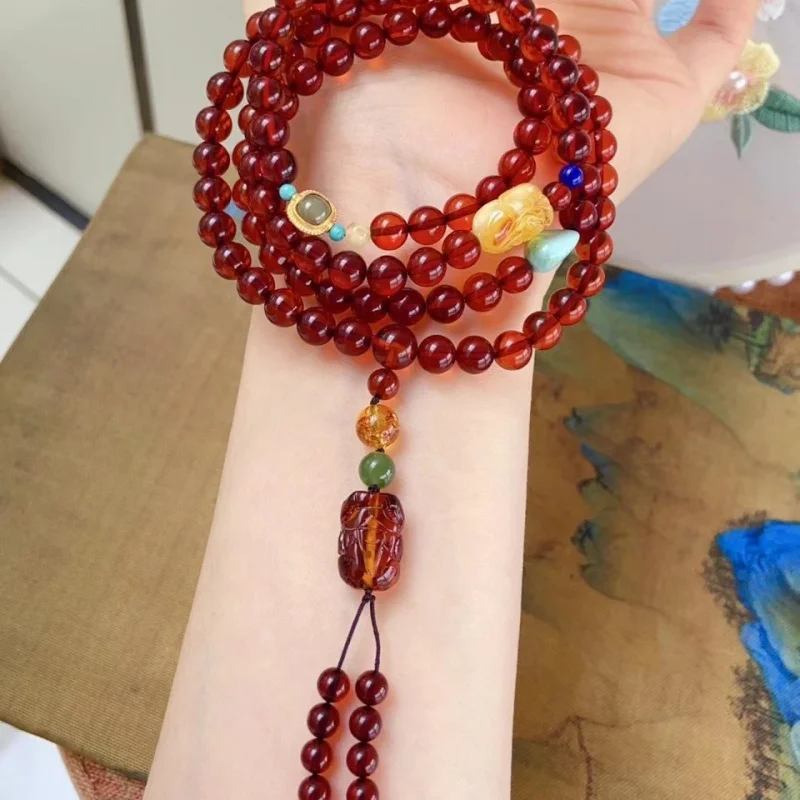 Natural Three-Circle Wine Red Bracelet with Blood Amber Pixiu Turquoise Approximately 6mm