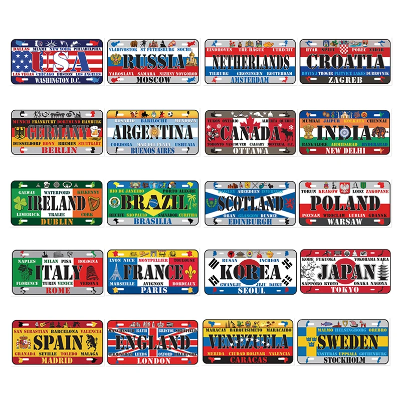 Car Plate License Metal Tin Sign Country Name National Flag Art Prainting Bar Club Home Decor Pin Up Wall Signs Plaques 15x30cm