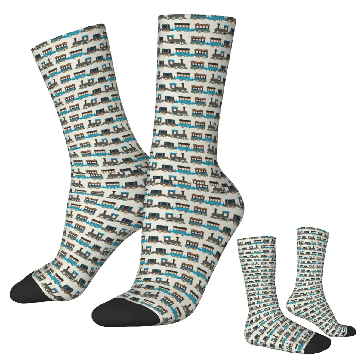 Blaue und braune Holzspielzeug-Zug-Socken, Harajuku, hochwertige Strümpfe, ganzjährig lange Socken, Zubehör, Unisex, Weihnachtsgeschenke
