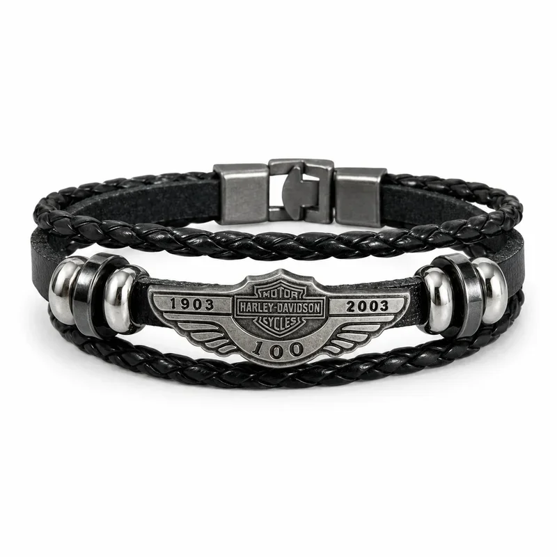 Men'S Black Braided Multi Layer Biker Jewelry For Harley Davidson 100th Anniversary 1903 2003 Commemorative Motorcycle Rider Bra