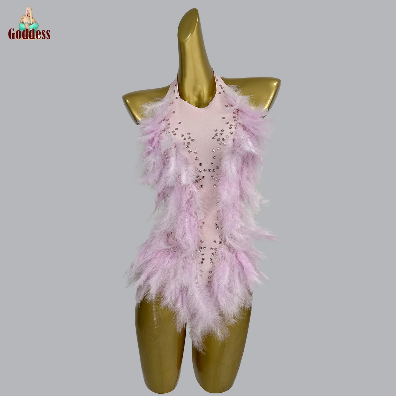 

Women's Nightclub Dance Feather Bodysuit Classic Party Costume Fancy Crystals Skinny Bodysuit Bars Stage Show Sexy Backless Wear