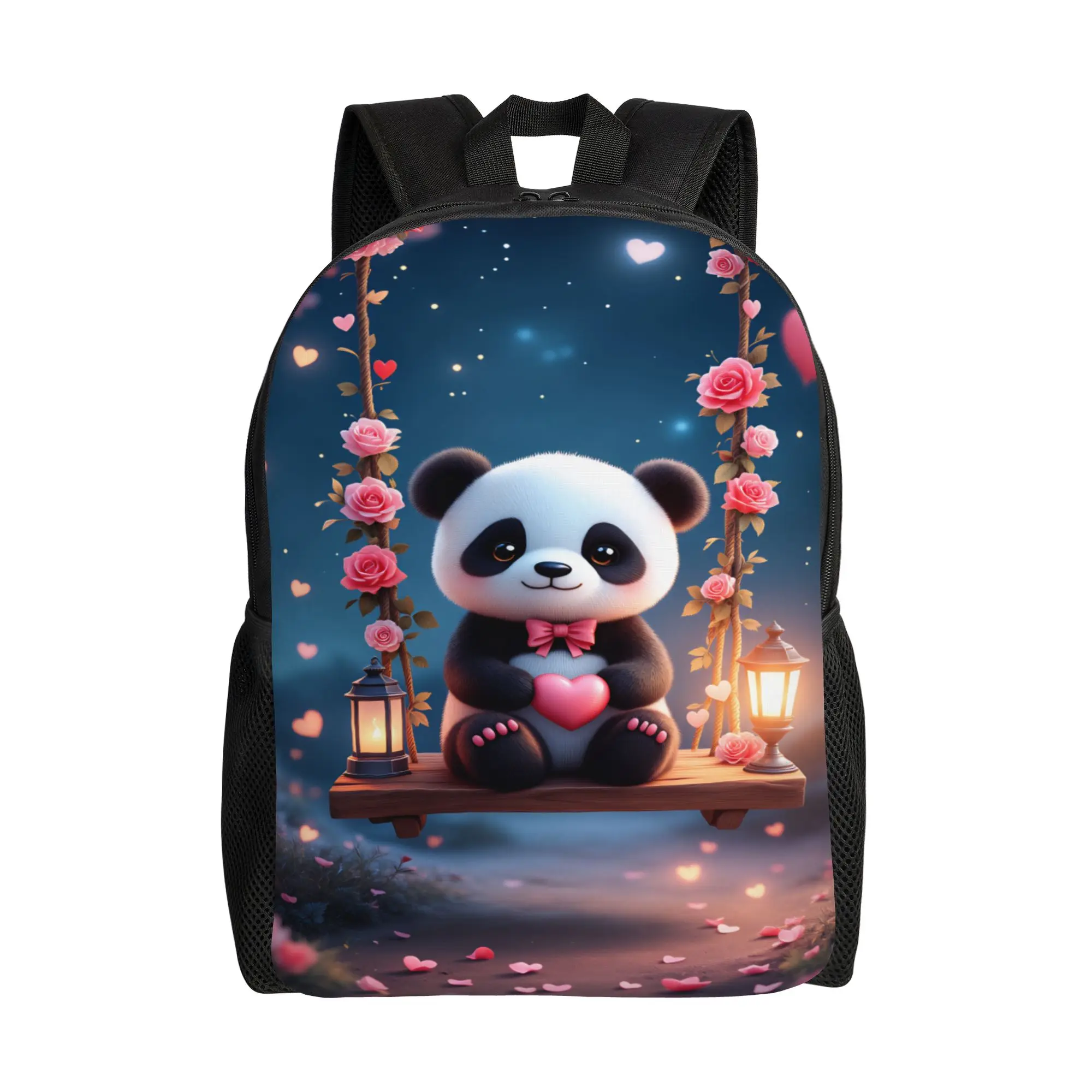 

Kawaii Panda Sitting on Cherry Blossom Swing Backpack Male Polyester Outdoor Style Backpacks Print Casual School Bags Rucksack