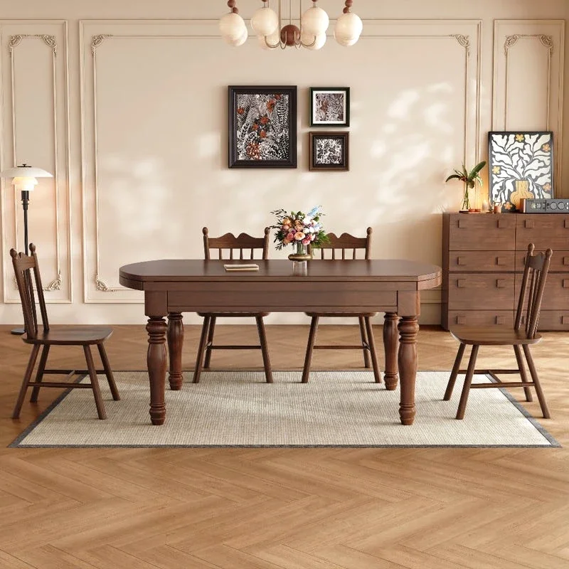 

Retro style solid wood dining table and chairs combination walnut color retractable square and round dual-purpose small