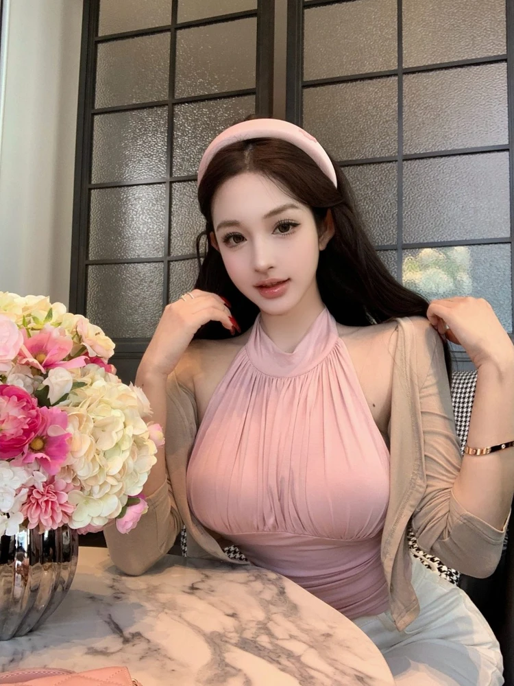 

Pink Pure Desire Women's Long Sleeve Halter Vest Top Bottoms Set Spring Fashion Outerwear Two-Piece Suit Korean Style Casual ...