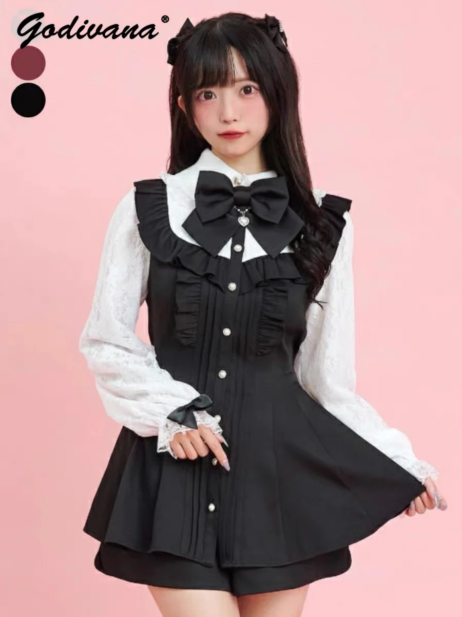 Japanese SC Shorts Set New Autumn Chain Bow Lace Splicing Long Sleeve Dress Tops and Shorts Lolita Female Girls Two-piece Suits