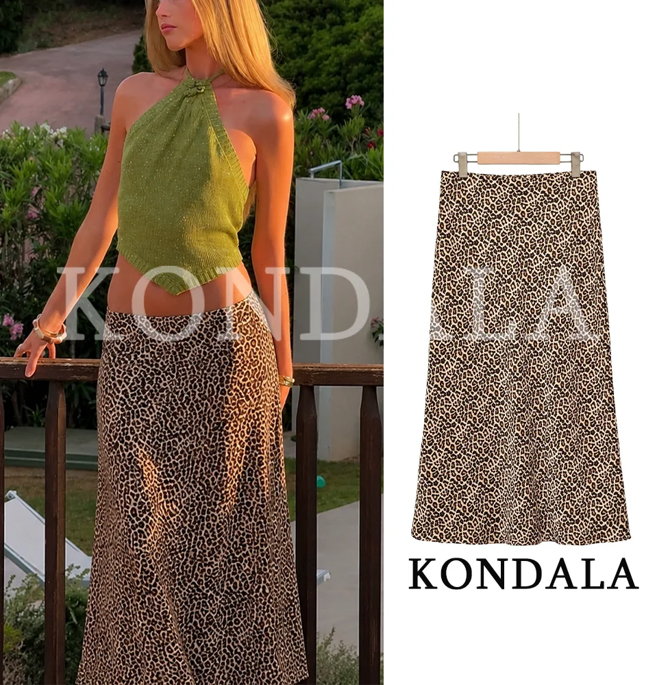 KONDALA Women Elegant Leopard Satin Midi Skirt Summer Fashion Holiday Casual Elastic Waist Skirt 2026 Trendy Vintage Chic Skirt
