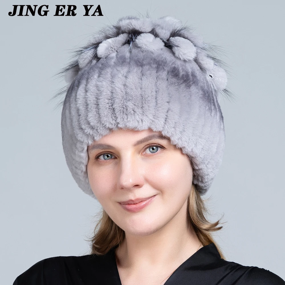 JERYAFUR Fur Hats for Women Winter Real Rex Rabbit Hat Fox Fur Kniting Female Warm Snow Caps Ladies Elegant Princess Beanies Cap