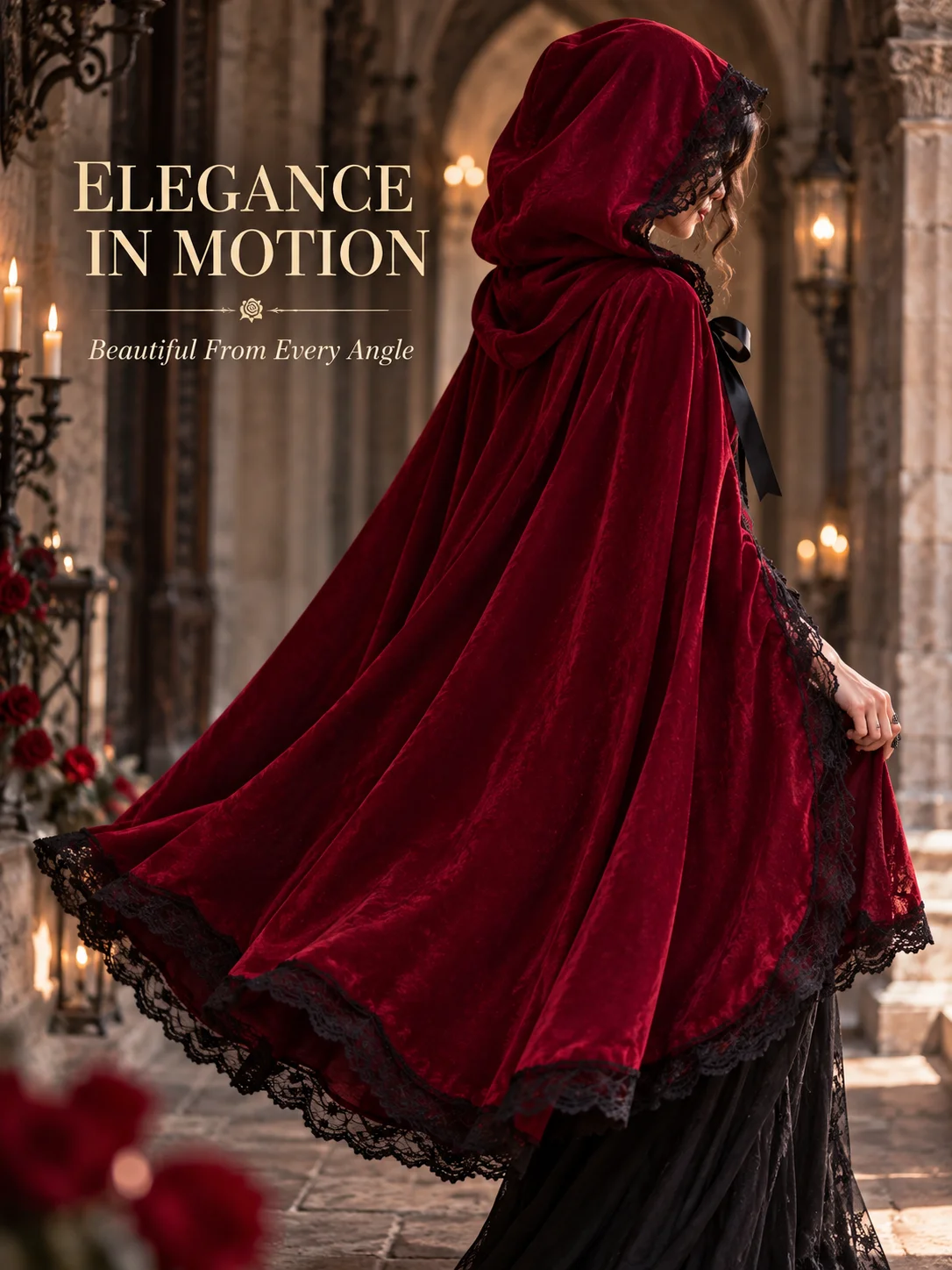 Women's Burgundy Velvet Hooded Cape Black Lace Gothic Cloak Red Riding Hood Halloween Cosplay Costume Party
